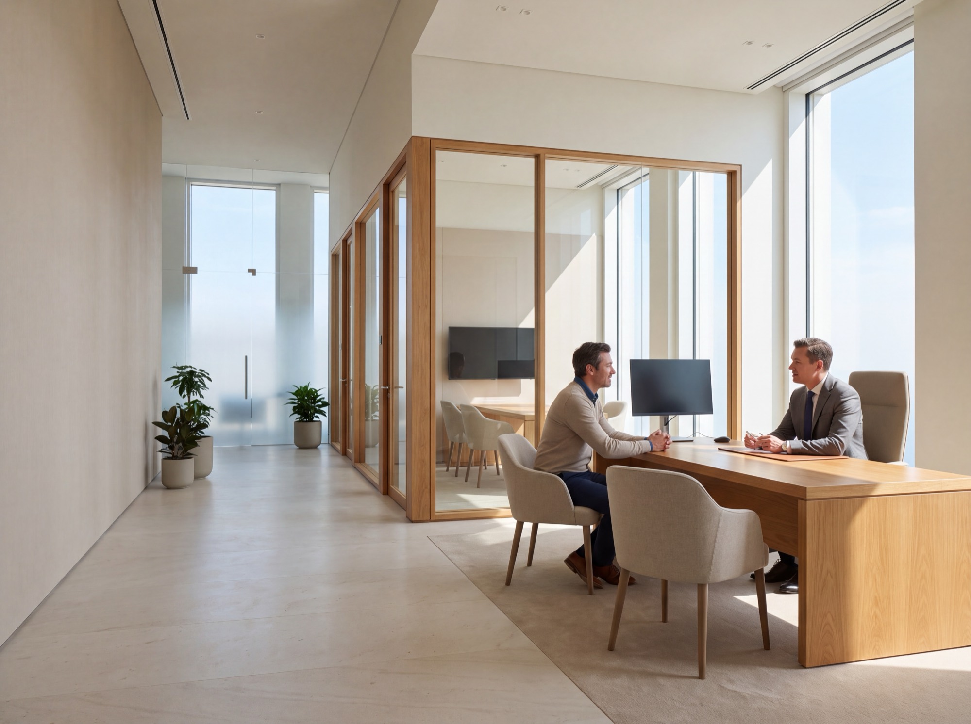 An adviser and a client in conversation across a desk in a bright, calm private-banking office with glass-walled meeting rooms.
