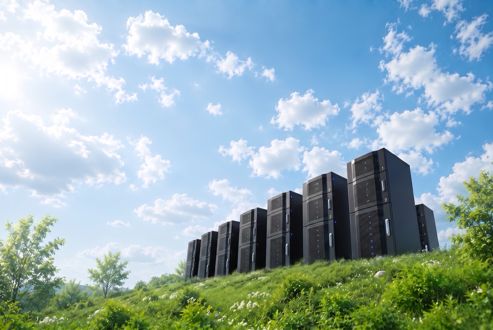 Rows of server racks standing in a green wildflower field beneath a bright blue, cloud-filled sky.