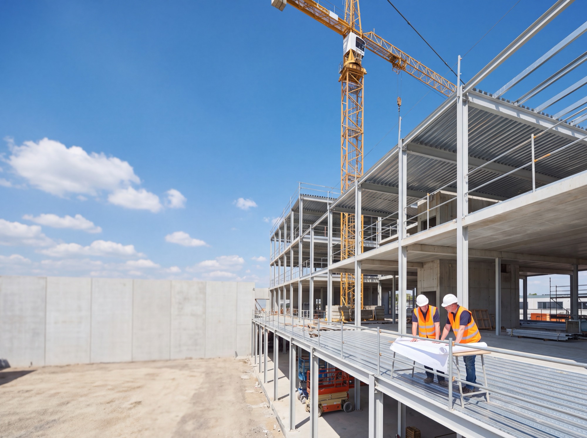 An active construction site under a blue sky: the steel frame of a new building, a tower crane overhead, and two workers in hi-vis vests reviewing drawings.