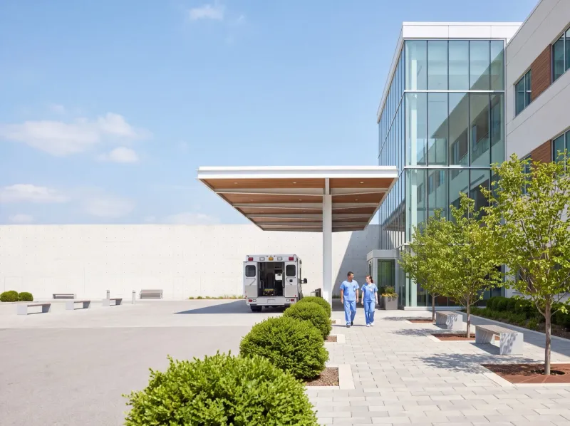 The entrance forecourt of a modern hospital: an ambulance waiting under the drop-off canopy and two staff in scrubs walking toward a glass atrium on a bright day.