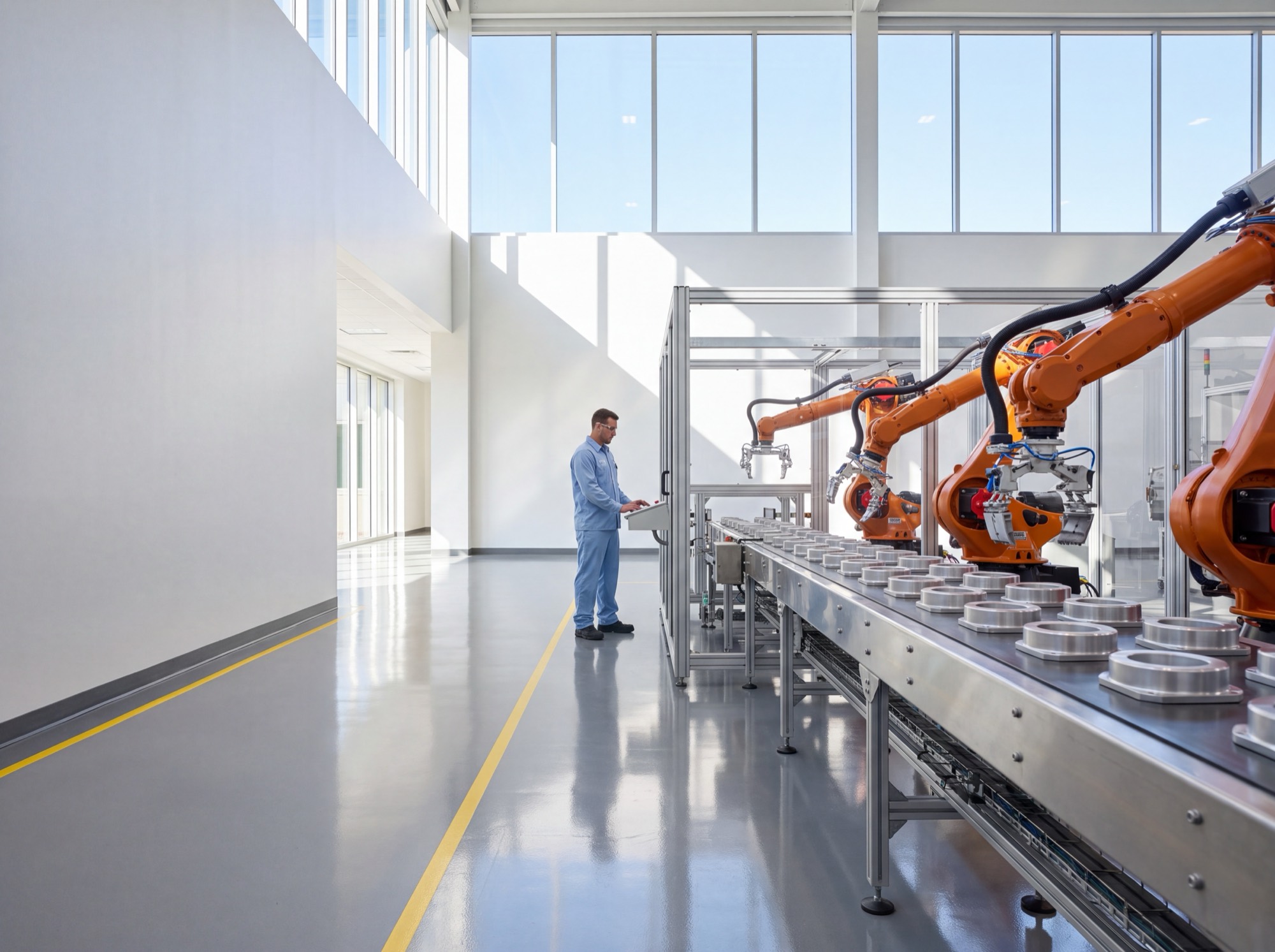 A spotless factory production line with orange robotic arms over a conveyor of machined components, a technician looking on beneath tall daylit windows.