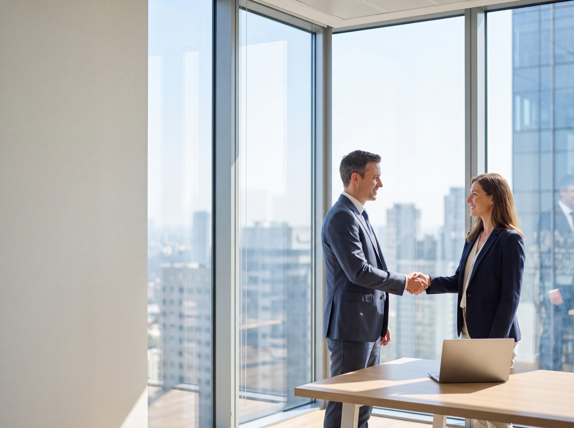 Two business colleagues shaking hands across a table in a bright modern office, a city skyline through floor-to-ceiling windows behind them.