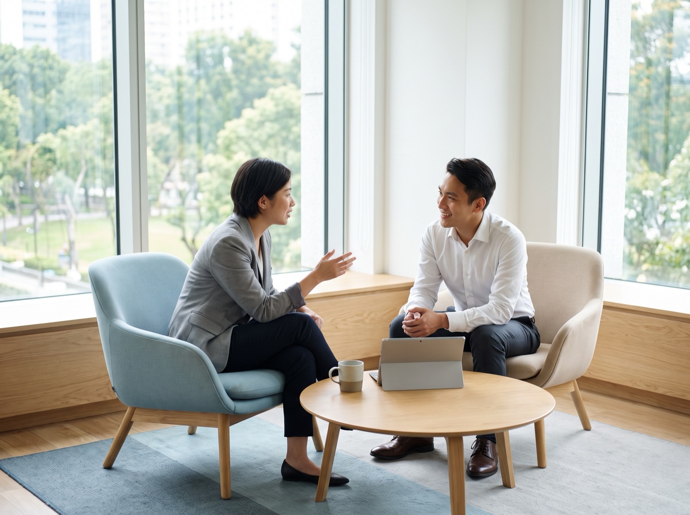 Two professionals talking in a bright, informal meeting corner with a tablet on the table.