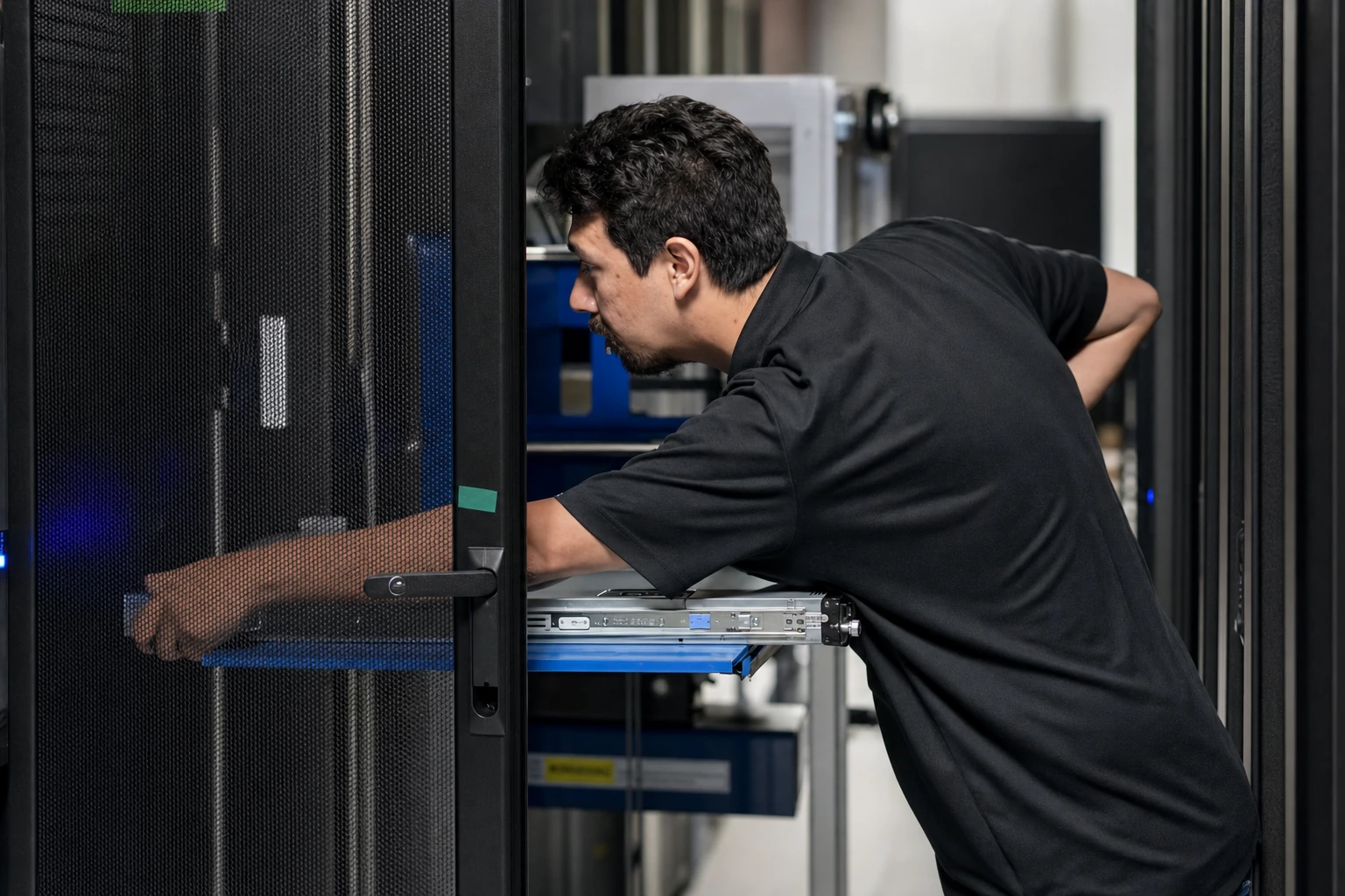 An Opus Interactive engineer working in the data hall.