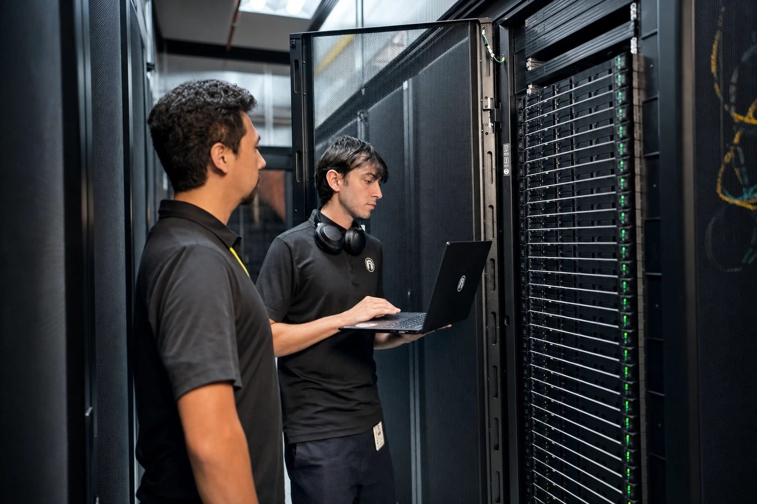 Two Opus Interactive engineers working at a rack.