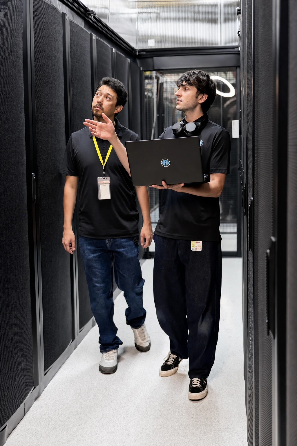 Two Opus Interactive engineers talking beside the racks on the data hall floor.