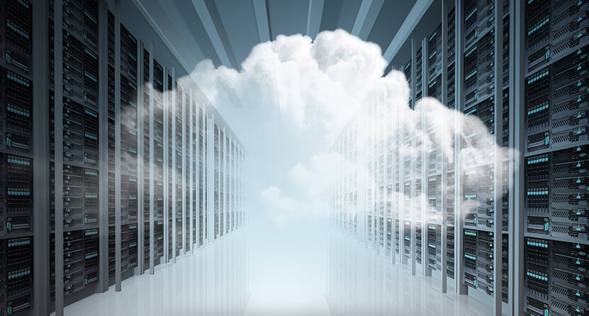 An Opus Interactive blog post image of a server room with a transparent cloud overlayed over the top.