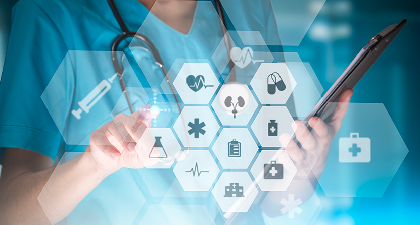 An Opus Interactive blog post image of a health technician checking their clipboard with several different healthcare icons overlayed on top.