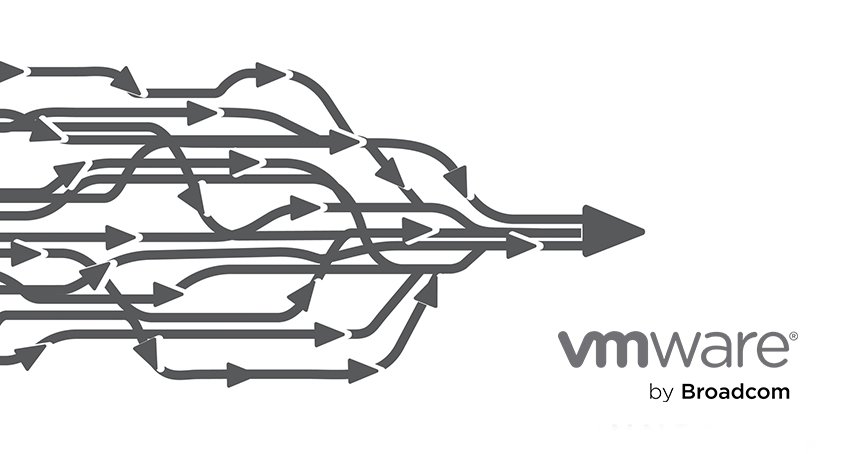 Graphic showing many paths converged into one with vmware by broadcom logo