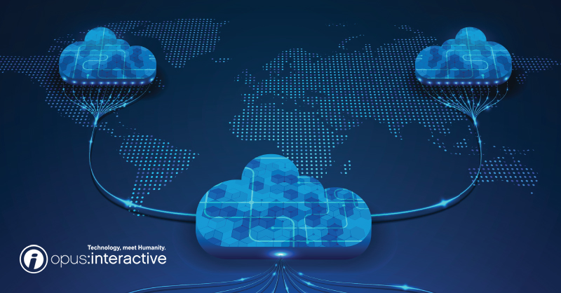 A blog image post that illustrates three clouds sitting on a world map, the three clouds are connected by Fibernet cables.