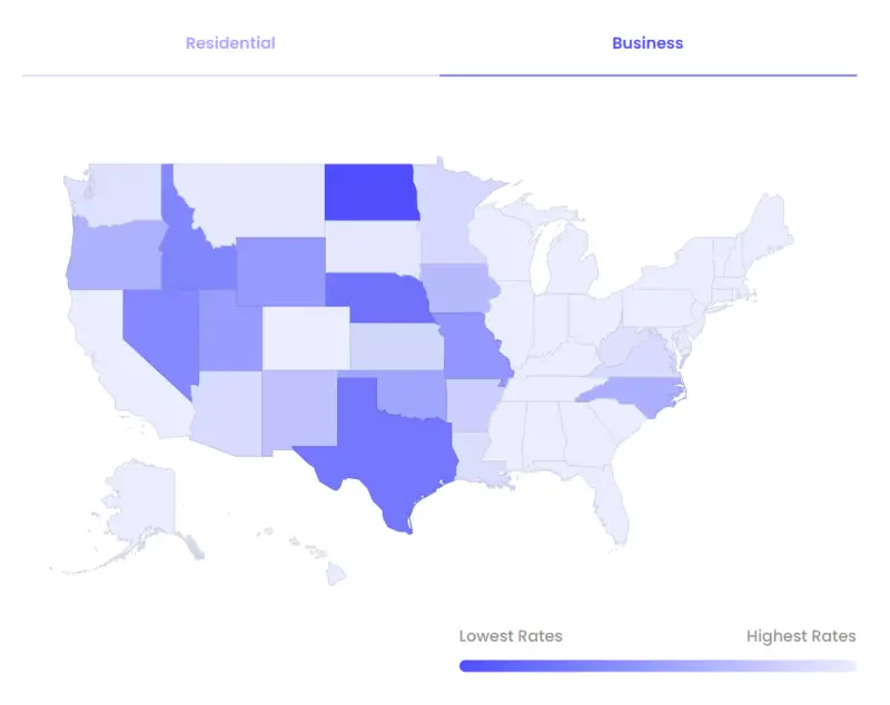 Screenshot from June 2024 with power costs by state for businesses.